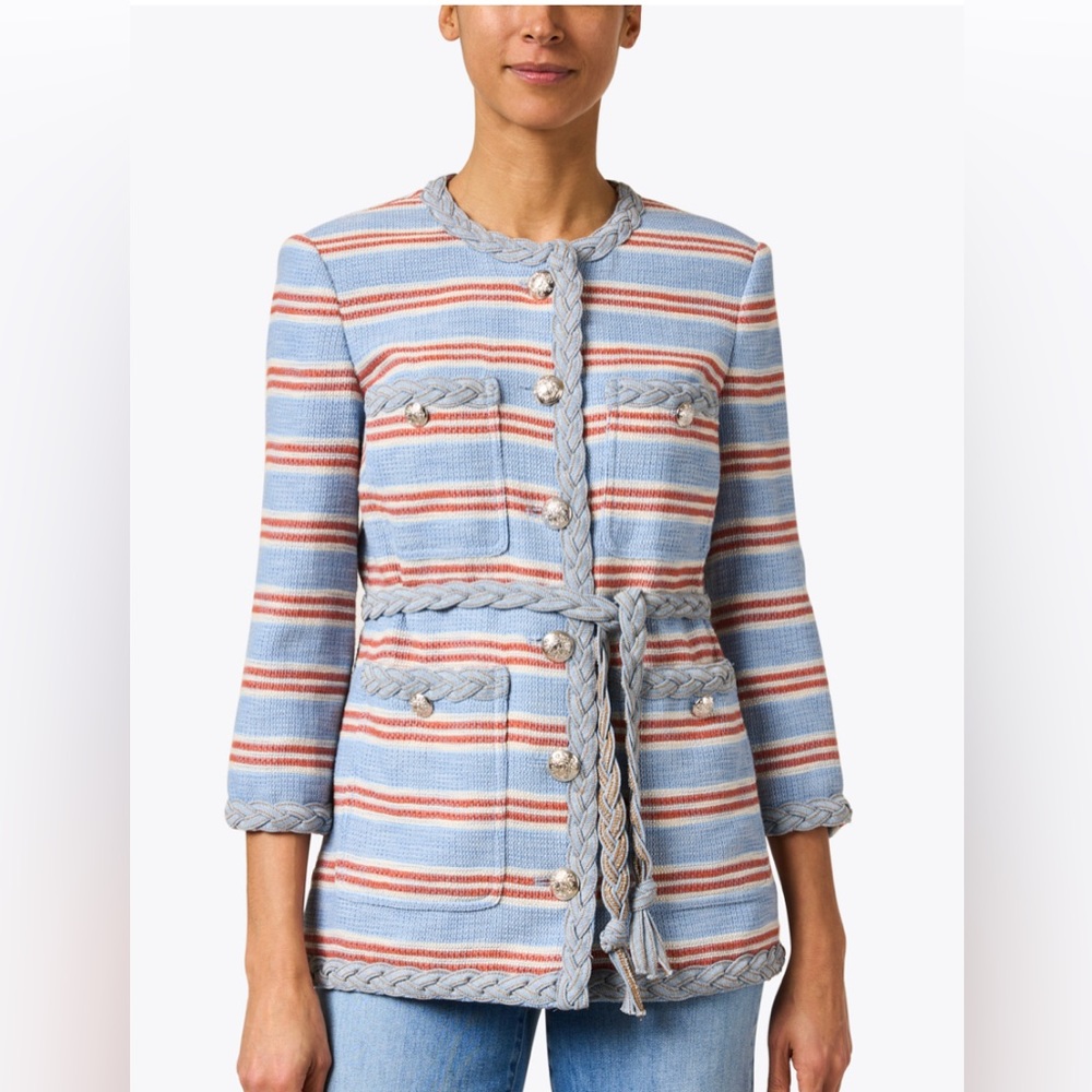 NEW Veronica Beard Striped Ginerva Belt Jacket Button Blazer, Blue/Red/White